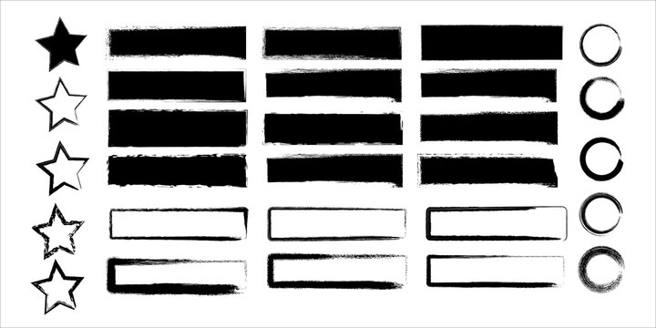 Collection of hand drawn black ink brush stroke shapes stars rectangles and circles on white background