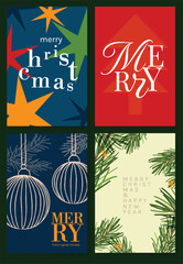 Naklejka premium Christmas and Happy holiday greeting card vector set. Elegant wallpaper with pine leaves, pinecone, christmas tree, wreath. Holidays design illustration for cover, print, poster, Happy New Year, ads.