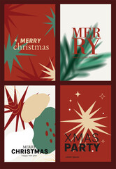 Naklejka premium Christmas and Happy holiday greeting card vector set. Elegant wallpaper with pine leaves, pinecone, christmas tree, wreath. Holidays design illustration for cover, print, poster, Happy New Year, ads.