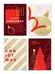 Naklejka premium Christmas and Happy holiday greeting card vector set. Elegant wallpaper with pine leaves, pinecone, christmas tree, wreath. Holidays design illustration for cover, print, poster, Happy New Year, ads.