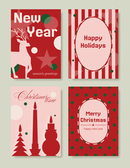 Naklejka premium Christmas and Happy holiday greeting card vector set. Elegant wallpaper with pine leaves, pinecone, christmas tree, wreath. Holidays design illustration for cover, print, poster, Happy New Year, ads.