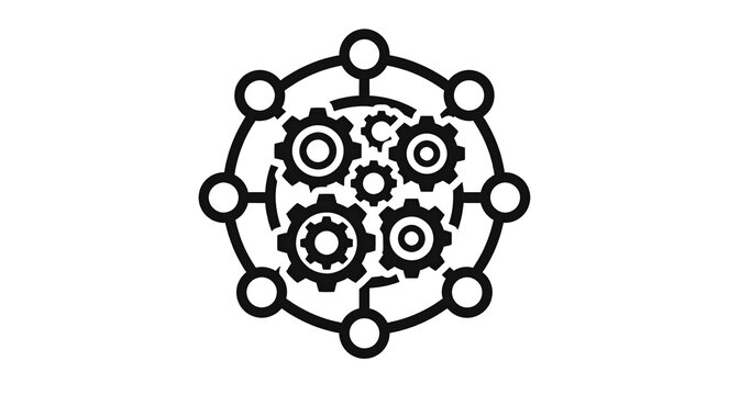 multiple interconnected gears surrounded by small circular process nodes