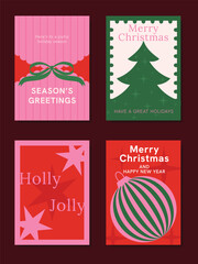 Naklejka premium Christmas and Happy holiday greeting card vector set. Elegant wallpaper with pine leaves, pinecone, christmas tree, wreath. Holidays design illustration for cover, print, poster, Happy New Year, ads.