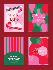 Naklejka premium Christmas and Happy holiday greeting card vector set. Elegant wallpaper with pine leaves, pinecone, christmas tree, wreath. Holidays design illustration for cover, print, poster, Happy New Year, ads.