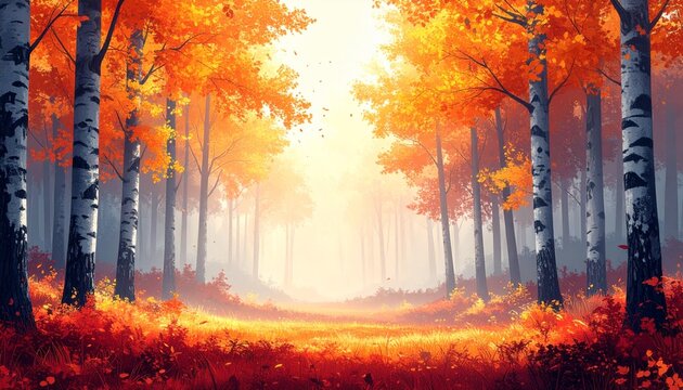 Bosque oto&ntilde;al minimalista con hojas doradas y rojizas, ligera niebla matinal y ambiente sereno