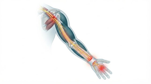 Diagram illustrates nerve pathways and connections in the arm including details on nerve plexus and sensory areas.