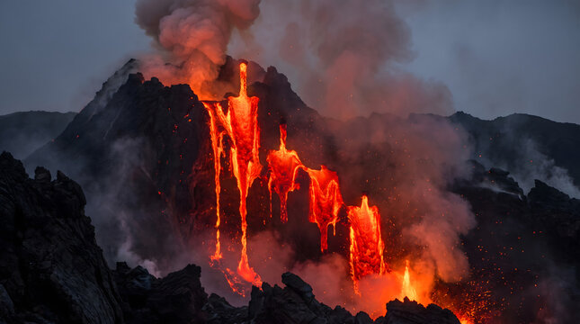 Powerful volcanic eruption with glowing hot magma flowing down rocky slopes under smoke clouds