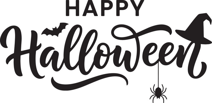 Happy halloween lettering calligraphy design with witch hat, bat and spider
