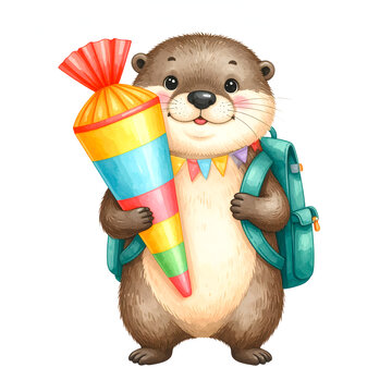 Otter holding school cone wearing backpack standing proudly creates cute joyful and cheerful cartoon illustration generative AI