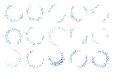 Fototapeta premium Collection of blue line art circular floral frames. Hand drawn open botanical wreaths for wedding monogram design.