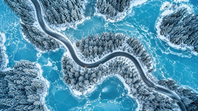 red car driving on winding asphalt road through snow covered pine forest and bright blue cracked ice in aerial view