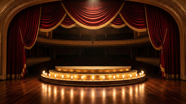 Empty golden theater stage with red velvet curtains and warm spotlight illumination for performances