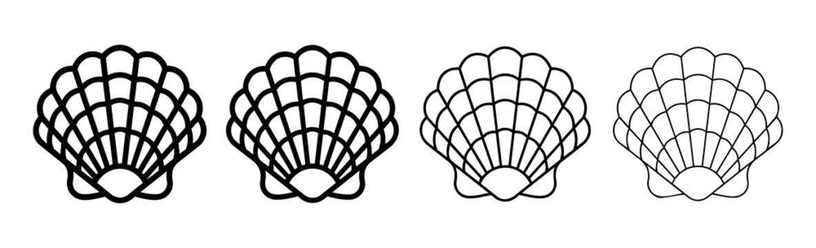 seashell outline icons featuring scallop shell with varying stroke weights vector illustrations for ocean marine and summer beach design