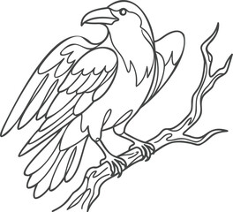 Obraz premium Black raven with detailed feathers perched on a bare tree branch, monochrome bird crow corvid