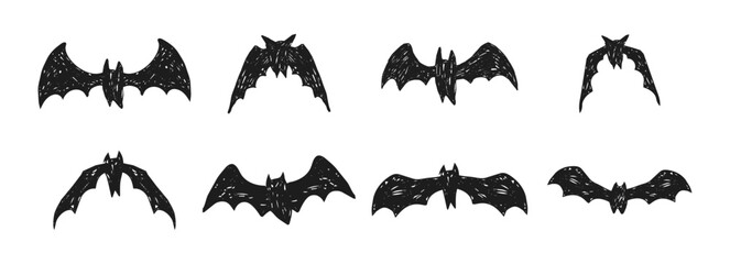 Fototapeta premium Flying bat, bat flock. Crayon doodle hand drawn set. Dark silhouette halloween decorations. Black gothic Halloween icons with wings spread, ideal for spooky party decor, vampire stickers, and scary s
