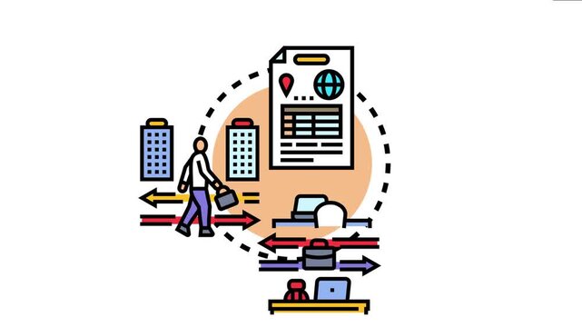 Business process icon staff relocation, job activation, and moving operations, symbolizing human resources management and global mobility
