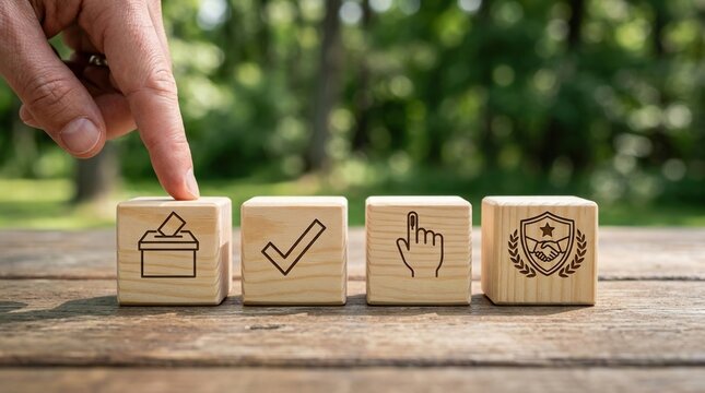 Human finger touches wooden cube engraved with a ballot box icon beside other square blocks featuring distinct voting and civic duty symbols on wood surface