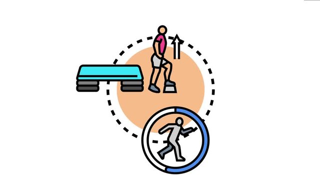 Illustrating actionable steps for personal development and fitness goals, with a person stepping on an exercise platform and another running for progress tracking