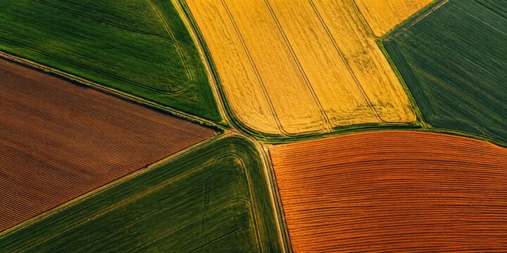 geometric agricultural fields with green yellow and brown crops and plowed soil in aerial top view