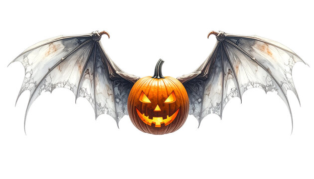 halloween spooky jack-o'-lantern with bat wings, isolated on transparent background