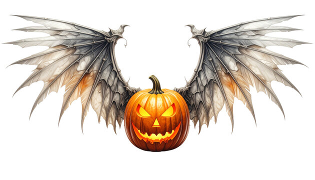 halloween jack-o'-lantern with spooky wings, isolated on transparent background