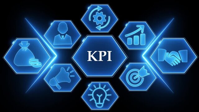 Blue Hexagonal Network of Business and Technology Icons Surrounding KPI and Application Programming Interface (API) &mdash; Futuristic Digital Technology Concept