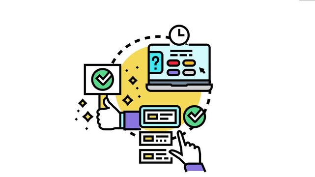 Online educational assessment process involving a digital examination on a laptop, a successful outcome represented by a checkmark, and a hand making selections for competency evaluation
