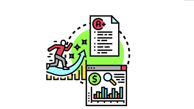 Person running up a growth arrow towards an a plus grade while monitoring financial performance and market development on a digital interface