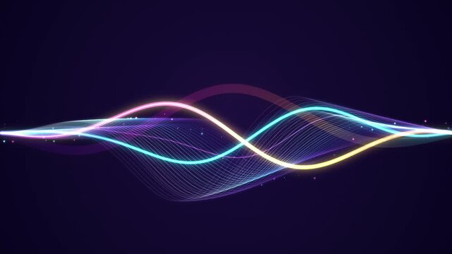 Neon glowing voice assistant sound wave with particles animated background audio visualizer loop