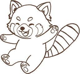 Naklejka premium Happy red panda with striped tail sitting and smiling cartoon style