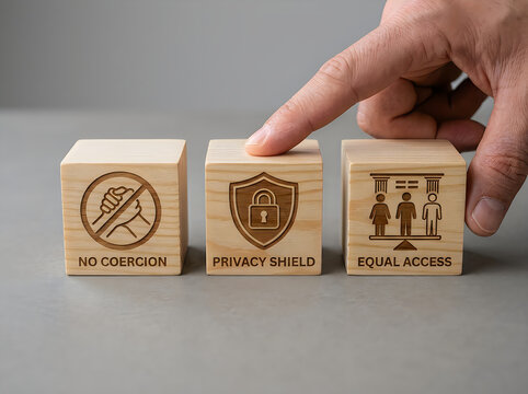 Wooden cubes featuring etched icons for privacy protection, equal access, and no coercion symbols held by a hand showing corporate compliance and ethical business standards