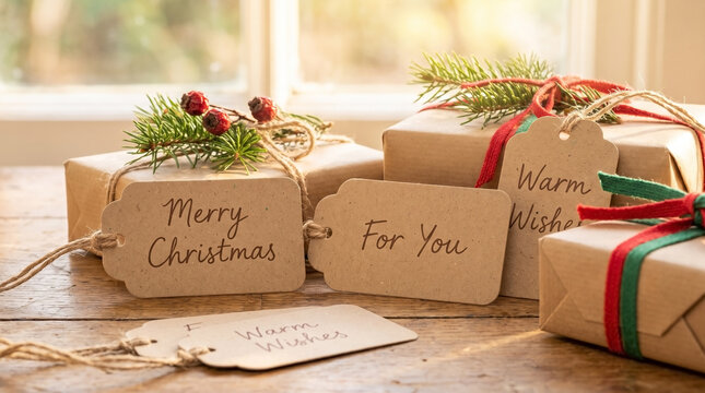 Christmas gift tags on kraft paper presents decorated with green pine and red berries on wooden surface. Christmas gift tags offer rustic holiday greeting style for friends. Christmas gift tags decor.