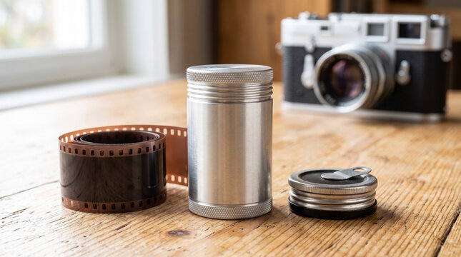 Developed 35mm film strip rolls next to metallic canister on wooden desk in studio. 35mm film represents analog photography era with silver container. Quality 35mm film for vintage media projects.