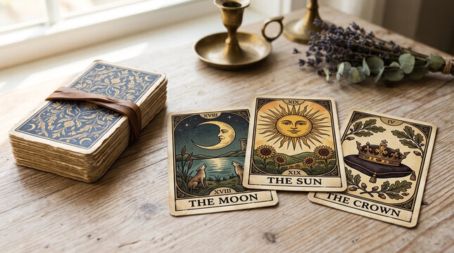 Vintage tarot deck tied with brown ribbon next to moon and sun cards on wood. Vintage tarot deck includes mystical illustrations, dried lavender, and gold candle. Concept vintage tarot deck for magic.
