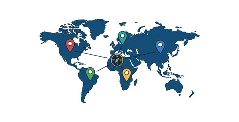 Naklejka premium World map with connected global locations marked by colored dots and lines.
