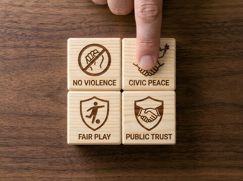 Wooden blocks featuring engraved icons for no violence civic peace fair play and public trust are pressed by a human finger on dark wooden surfaces.