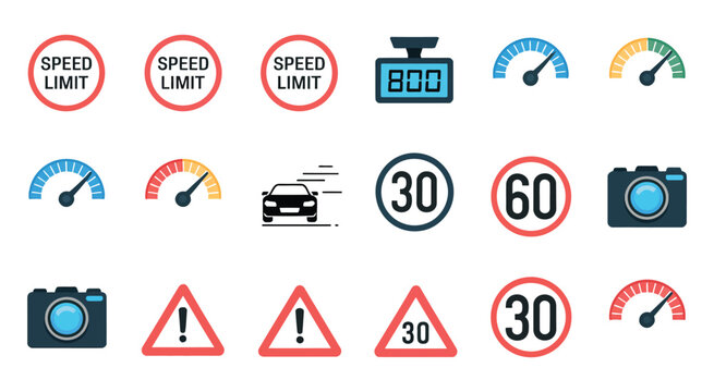 Speed Limit Icons, dynamic traffic symbols with speedometers, monitoring cameras, road signs, and transportation elements in bold colors