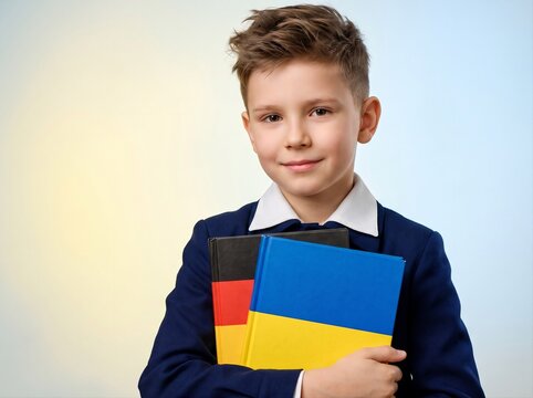 Ukrainian boy in school uniform holding Ukraine and German flag books on yellow blue gradient background. Education and language learning concept. Studio portrait for international education campaign