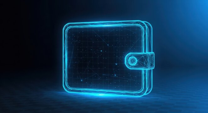 Glowing blue digital wallet icon on dark background illustration