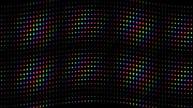 Abstract rainbow dot matrix wave animation creates vibrant flowing light pattern on black background for dynamic visual displays and motion.