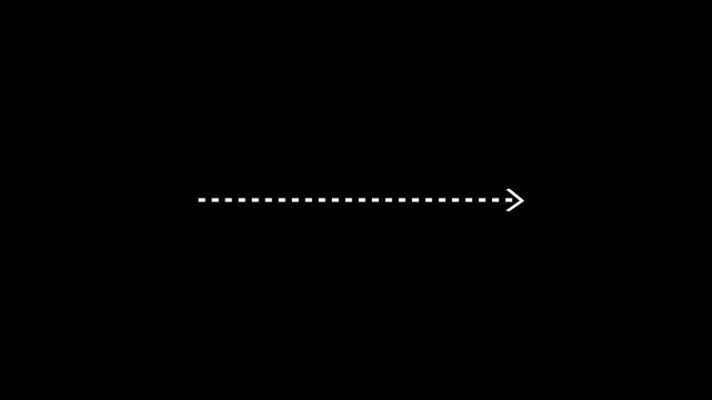 Minimalist white dashed line arrow animation pointing Right on a clean black background.