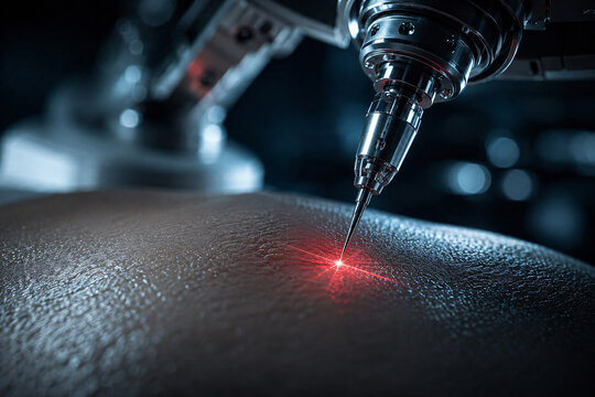 Close-up of an advanced medical laser device performing a precise skin treatment, representing dermatology, cosmetic medicine and medical technology