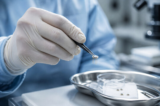 Researcher using precision tweezers to handle a miniature electronic implant during advanced biomedical technology research