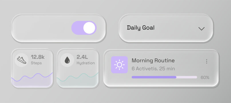Neumorphic fitness dashboard widgets with frosted glass charts and violet activity progress bars for tracking daily wellness goals on modern health and lifestyle mobile applications.