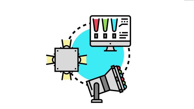 Lighting equipment. Including a softbox and spotlight. Connecting with a computer monitor displaying color settings. Visualizing a workflow for event production. Studio setups