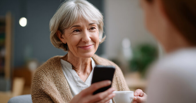 Smiling elderly woman holding smartphone and cup of coffee while sitting indoors in cozy environment