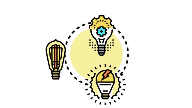 Idea generation and development process depicted through three different types of light bulbs, illustrating innovation, improvement, and technological progress with gears and lightning bolts