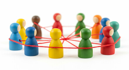 Obraz premium Colorful wooden figures connected by red strings in a circle