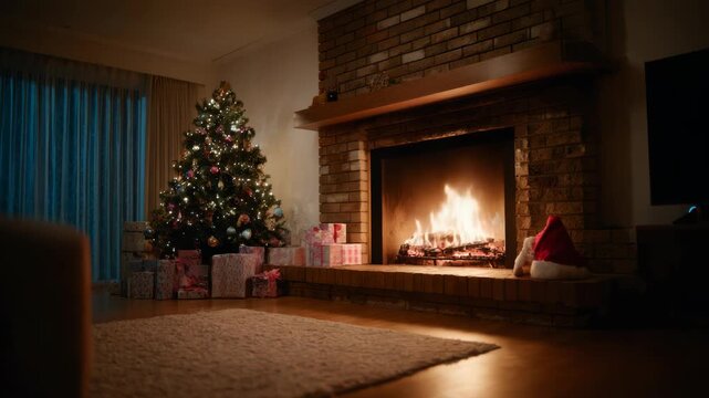 Cozy Christmas Living Room Scene With Fireplace and Decorated Tree