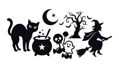 Naklejka premium Halloween Spooky Elements and Witch Silhouette Vector SetHalloween Spooky Elements and Witch Silhouette Vector Set